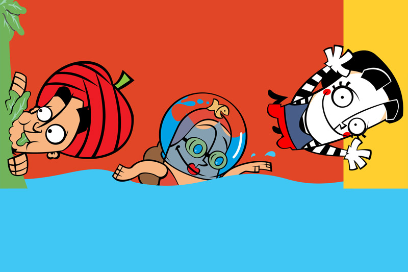 ilustraciones de tres personajes, comiendo, nadando y saludando
