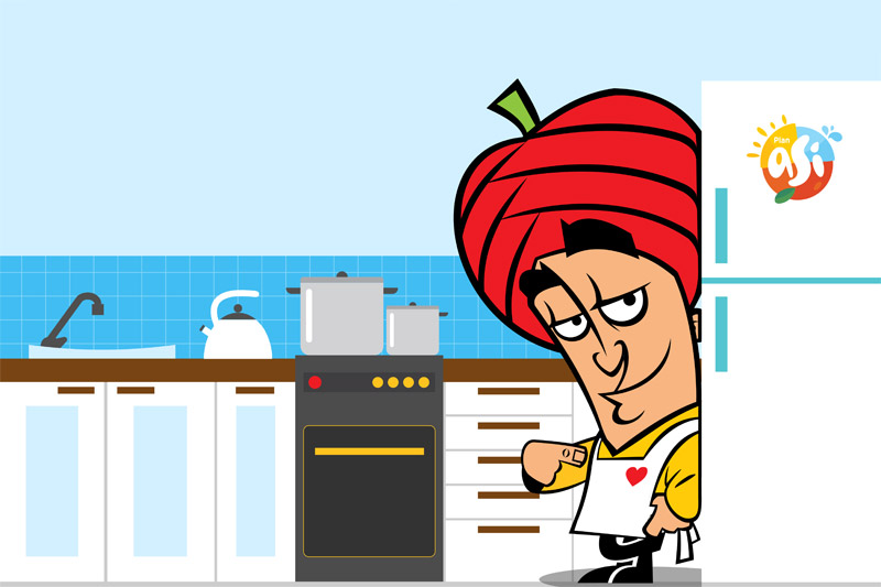 ilustración de personaje dentro de una cocina