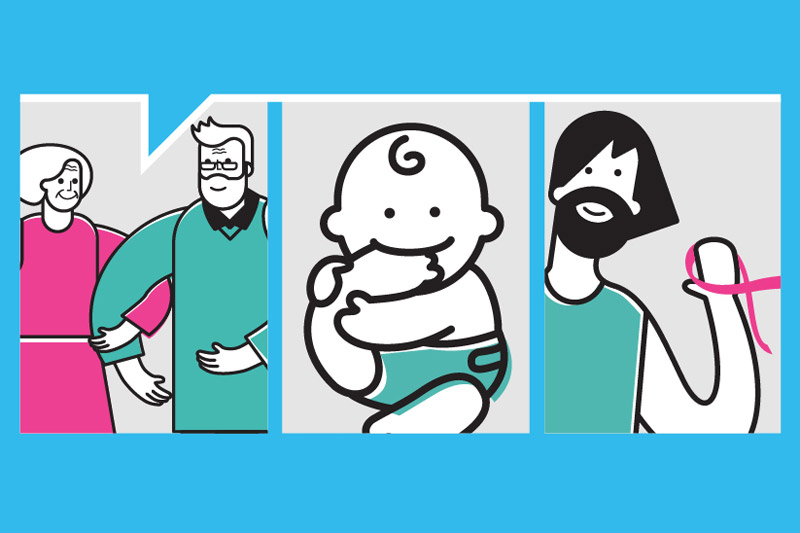 Ilustración personajes: Pareja adultos mayores, bebe y adulto masculino