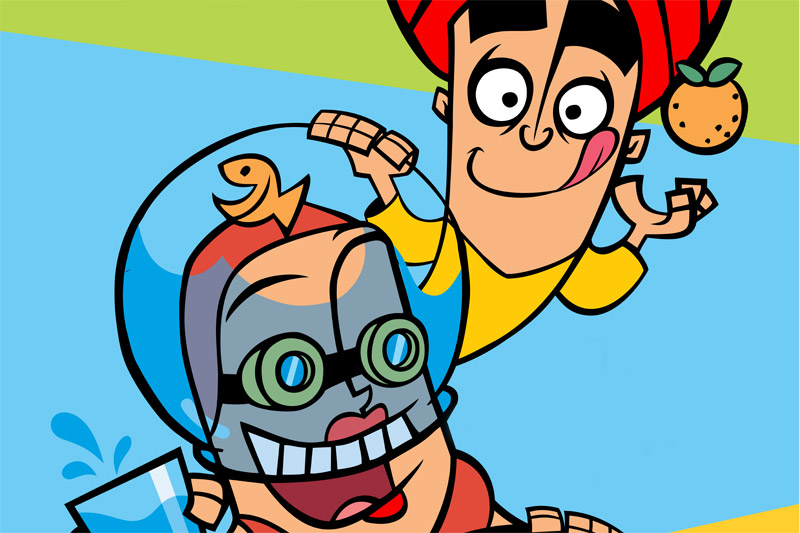 ilustración de dos personajes "ases de la salud" jugando y tomando agua