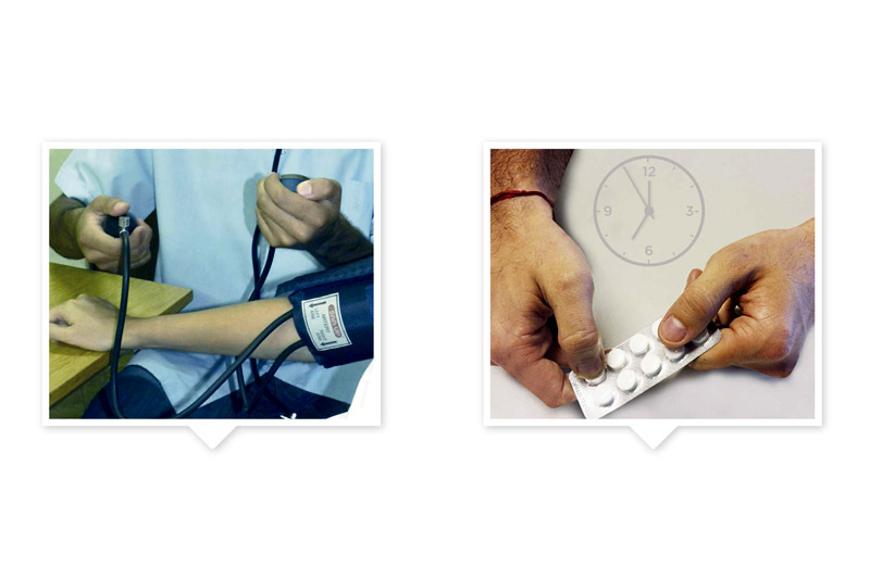 imagen 1: médico tomando la presión; imagen 2: mano sosteniendo una tableta de medicamentos para abrir, y reloj a 5 seg. de marcar las 12 hs.