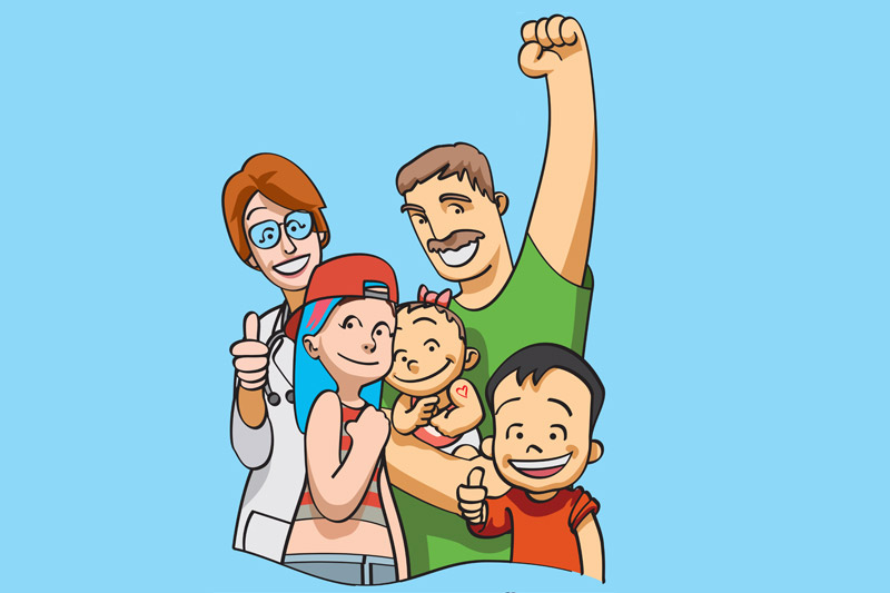 ilustración: Adulto con mano en alto de festejo, con niña, bebe y niño por delante, y detras de la familia una doctora.