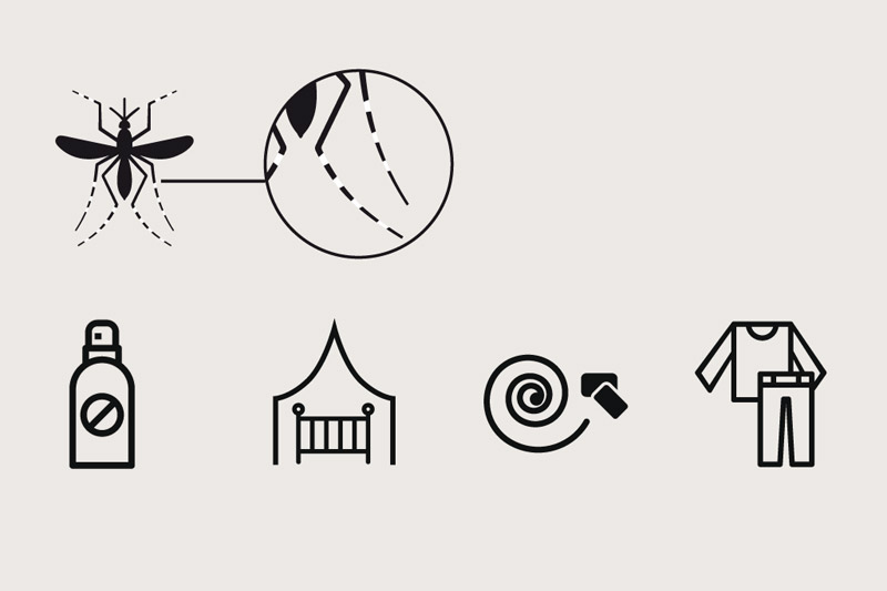 Ilustración-icono de Mosquito +  parte por el todo del mismo mosquito - icono de repelente - icono mosquitero - icono espiral - icono vestimenta manga larga y pantalón largo