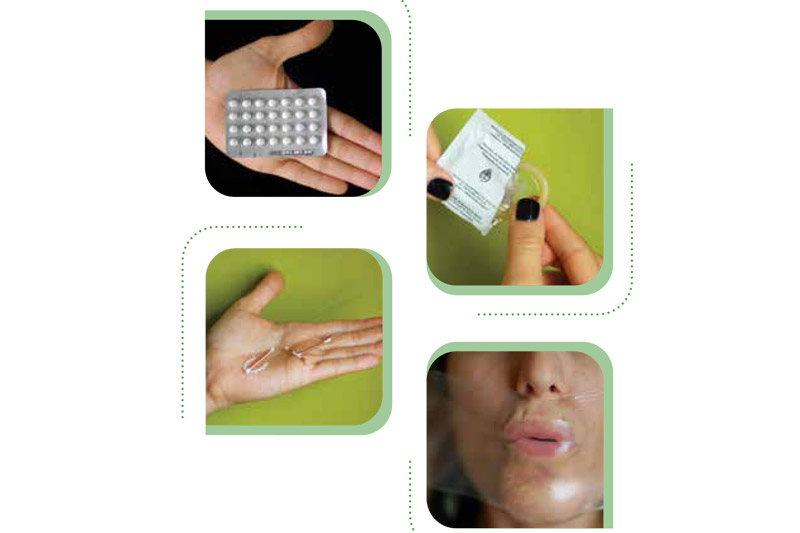 4 fotografias: una mano sosteniendo una tableta de pastillas, manos abriendo envoltorio de preservativo masculino, mano sosteniendo preservativo femenino, preservativo estirado sobre boca de una mujer