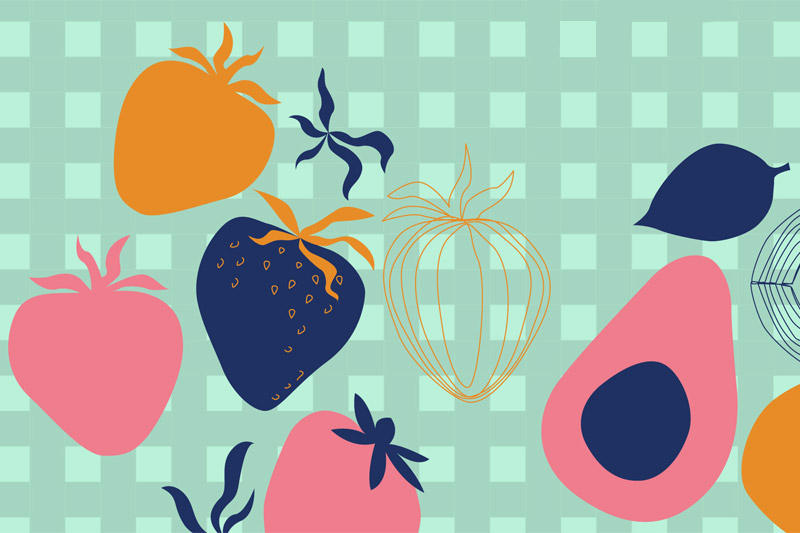 portada: ilustracion de frutas sobre fondo cuadriculado