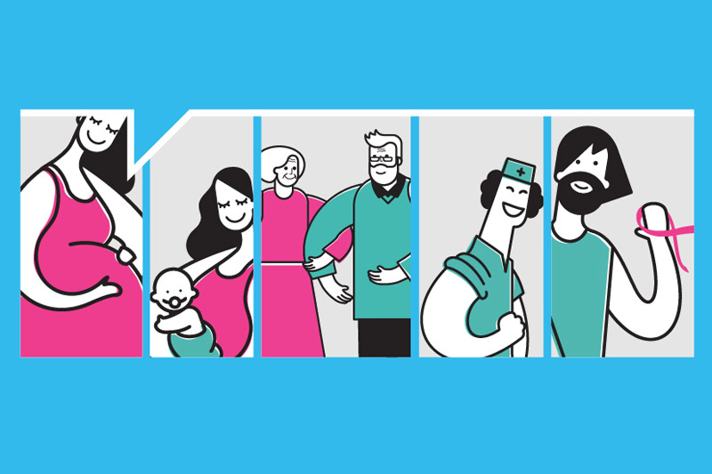 ilustración personajes: embarazada, embarazada con bebe, pareja adultos mayores, médico y adulto masculino