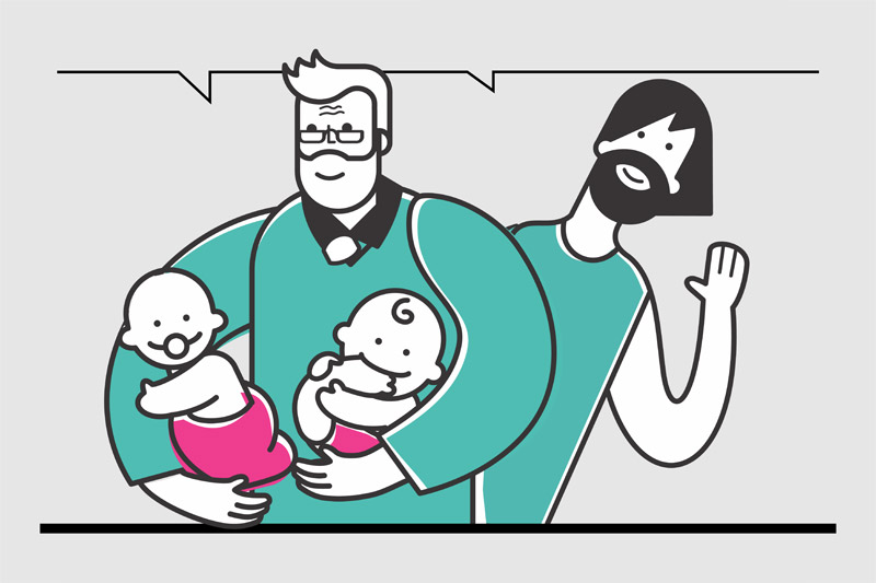 ilustración personajes: adulto mayor con dos bebes en brazos y adulto masculino