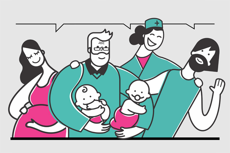 ilustración personajes: embarazada, adulto mayor con dos bebes en brazos, médica femenina y adulto masculino