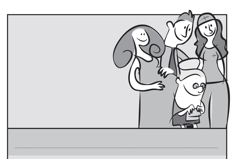 ilustración: 4 personajes, médica, un médico, señora adulta, y señora adulta mayor