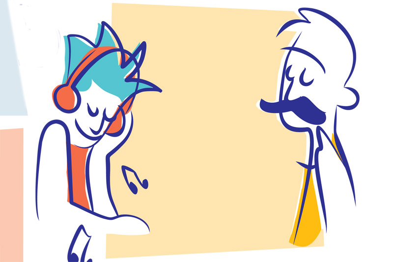 ilustración: personaje 1: adolescente escuchando musica + perj.2: persona adulta masculina