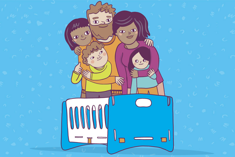 ilustración: familia compuesta por padre, madre tres hijos, frente a cuna de bebe